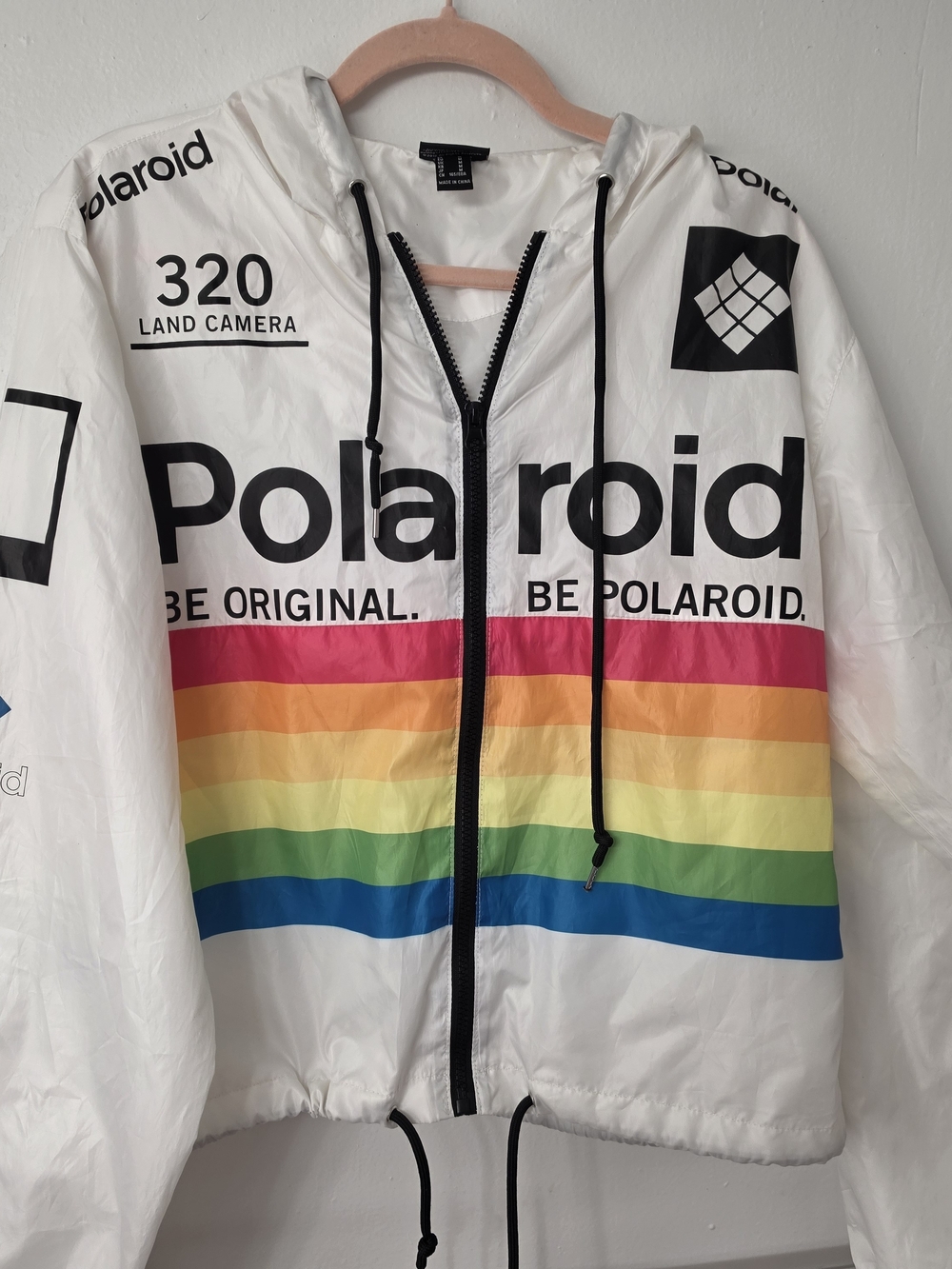Polaroid White Hooded Windbreaker with Rainbow Stripes Medium